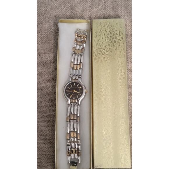 Charles Delon Two Tone Silver Gold Quartz Watch Black Dial Japan Movement NWOT - Picture 1 of 4